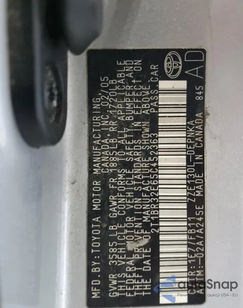 2005 Toyota Corolla Ce из США, поврежденный, VIN 2T1BR32E65C452363